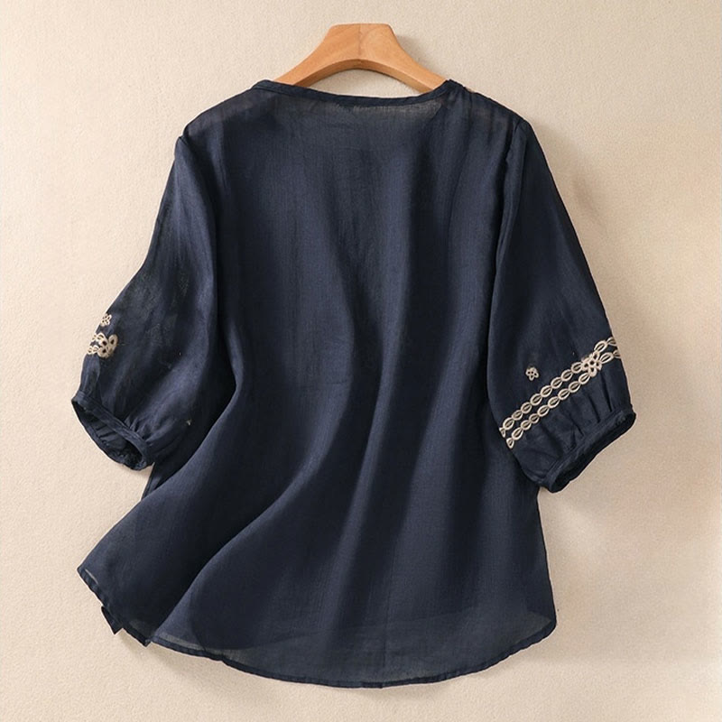 Buddha Stones Artystyczny Gładki Kwiatowy Haftowany Wzór Okrągły Dekolt Bufiaste Pół Rękawy Bawełna Len Damska Koszulka T-shirt - image 1