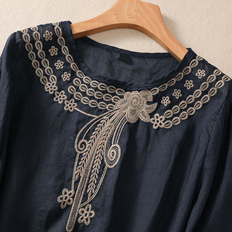 Buddha Stones Artystyczny Gładki Kwiatowy Haftowany Wzór Okrągły Dekolt Bufiaste Pół Rękawy Bawełna Len Damska Koszulka T-shirt - image 2