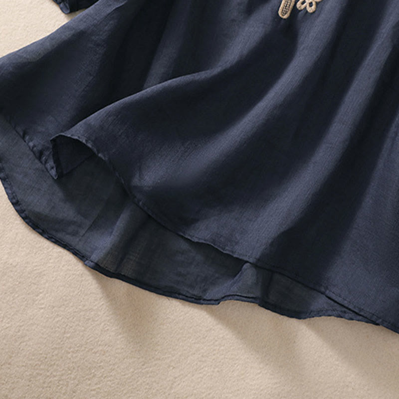 Buddha Stones Artystyczny Gładki Kwiatowy Haftowany Wzór Okrągły Dekolt Bufiaste Pół Rękawy Bawełna Len Damska Koszulka T-shirt - image 4