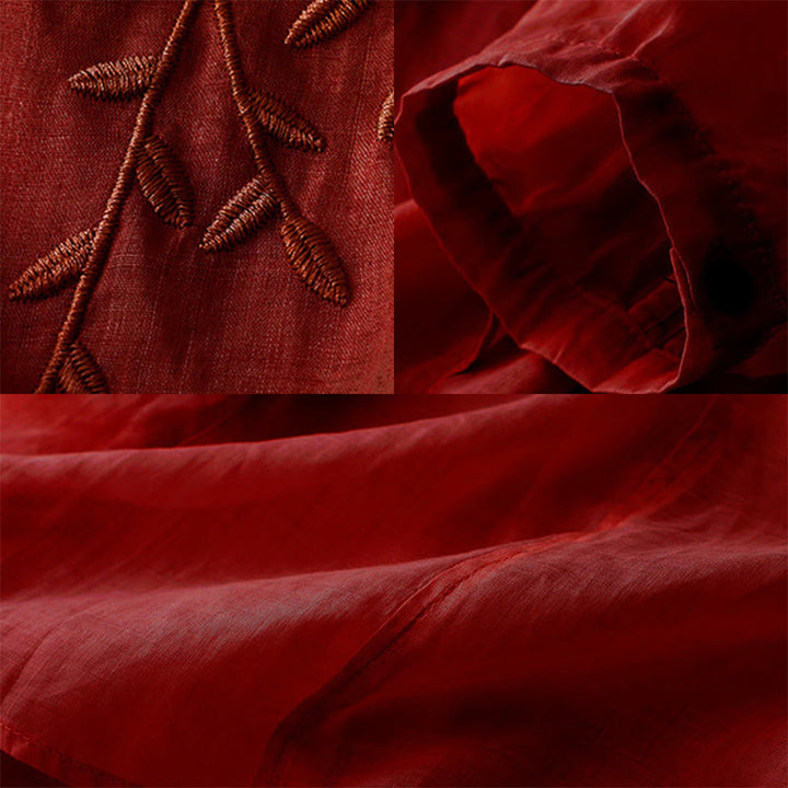 Koszula damska z krótkim rękawem i dekoltem w serek Buddha Stones Casual Plain Embroidery Willow Leaf - image 10