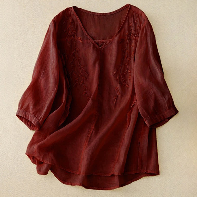 Koszula damska z krótkim rękawem i dekoltem w serek Buddha Stones Casual Plain Embroidery Willow Leaf - Brązowy - US8-10，UK/AU12-14，EU40-42 (2XL) - image 8