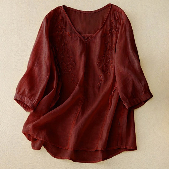 Koszula damska z krótkim rękawem i dekoltem w serek Buddha Stones Casual Plain Embroidery Willow Leaf - Brązowy - US8-10，UK/AU12-14，EU40-42 (2XL) - image 8