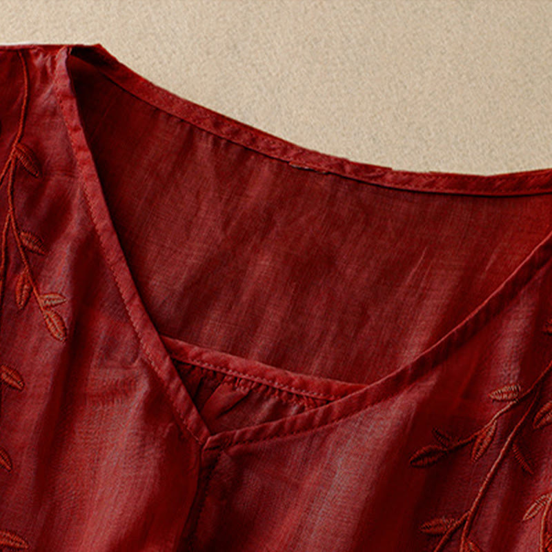 Koszula damska z krótkim rękawem i dekoltem w serek Buddha Stones Casual Plain Embroidery Willow Leaf - image 9