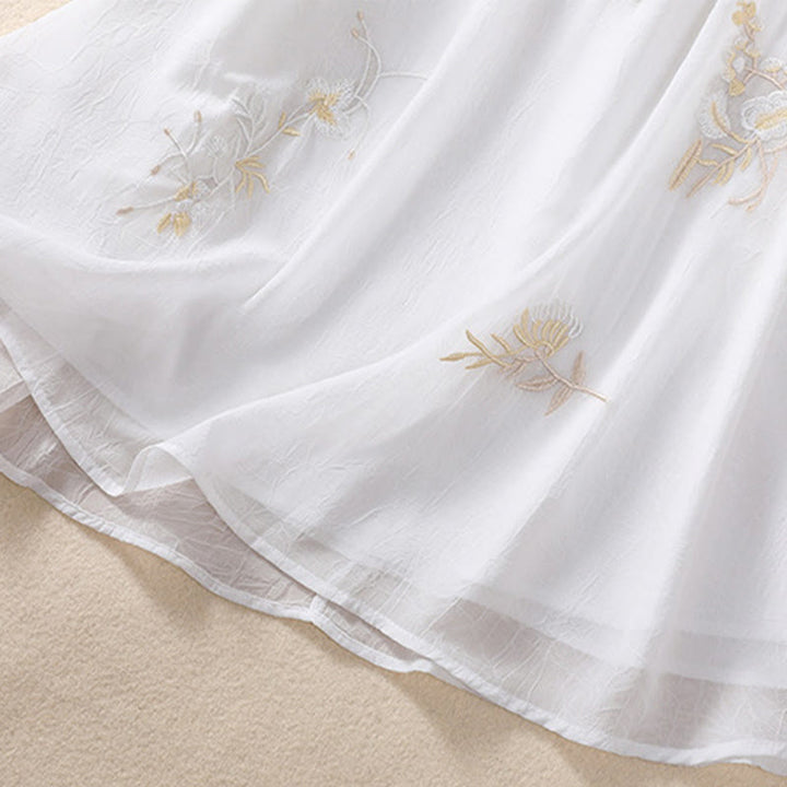 Koszula damska z haftowanymi Buddha Stones, kwiatami, półrękawem, żabą i guzikami, ze stójką