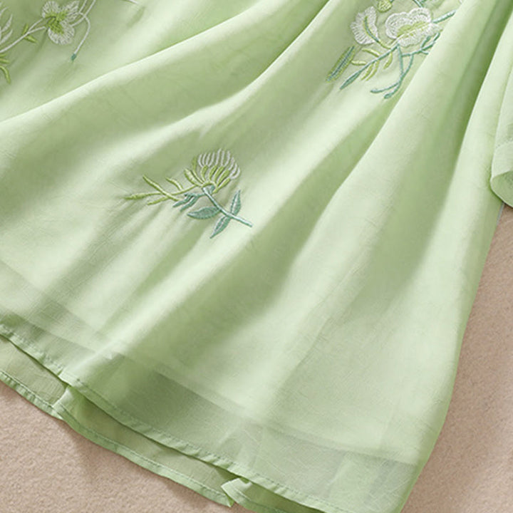 Koszula damska z haftowanymi Buddha Stones, kwiatami, półrękawem, żabą i guzikami, ze stójką