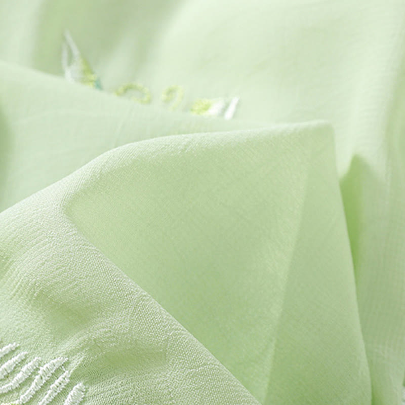 Koszula damska z haftowanymi Buddha Stones, kwiatami, półrękawem, żabą i guzikami, ze stójką