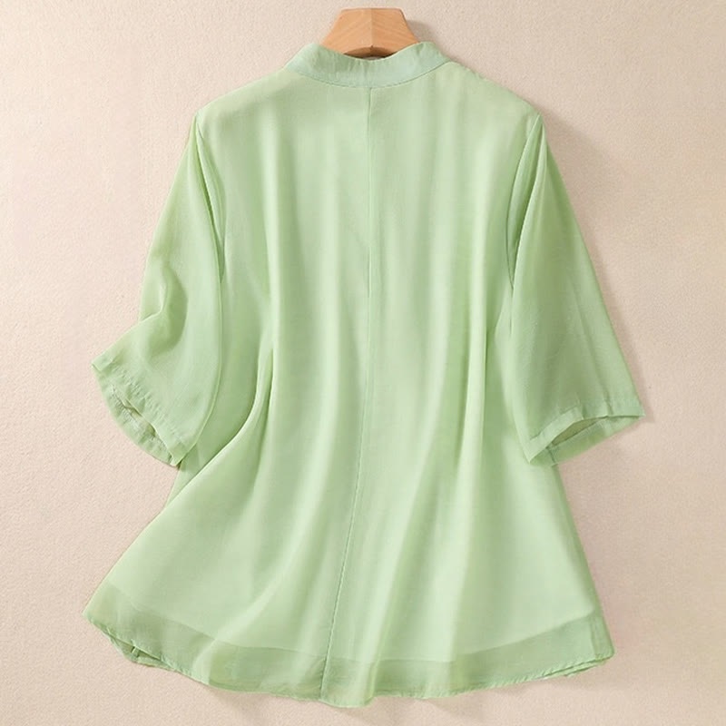 Koszula damska z haftowanymi Buddha Stones, kwiatami, półrękawem, żabą i guzikami, ze stójką - image 1