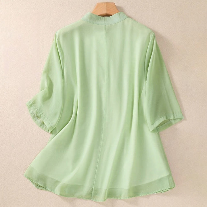 Koszula damska z haftowanymi Buddha Stones, kwiatami, półrękawem, żabą i guzikami, ze stójką - image 1