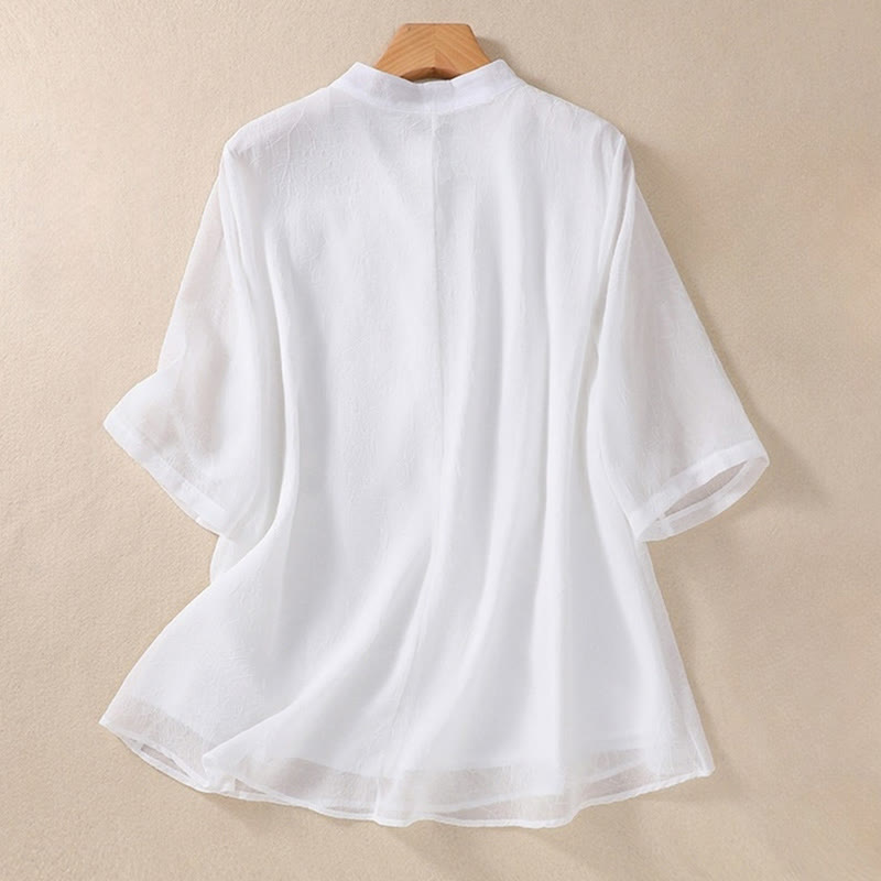 Koszula damska z haftowanymi Buddha Stones, kwiatami, półrękawem, żabą i guzikami, ze stójką