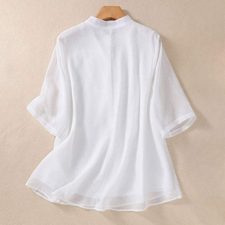 Koszula damska z haftowanymi Buddha Stones, kwiatami, półrękawem, żabą i guzikami, ze stójką