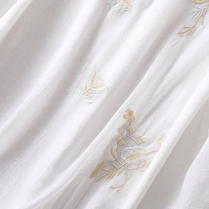 Koszula damska z haftowanymi Buddha Stones, kwiatami, półrękawem, żabą i guzikami, ze stójką