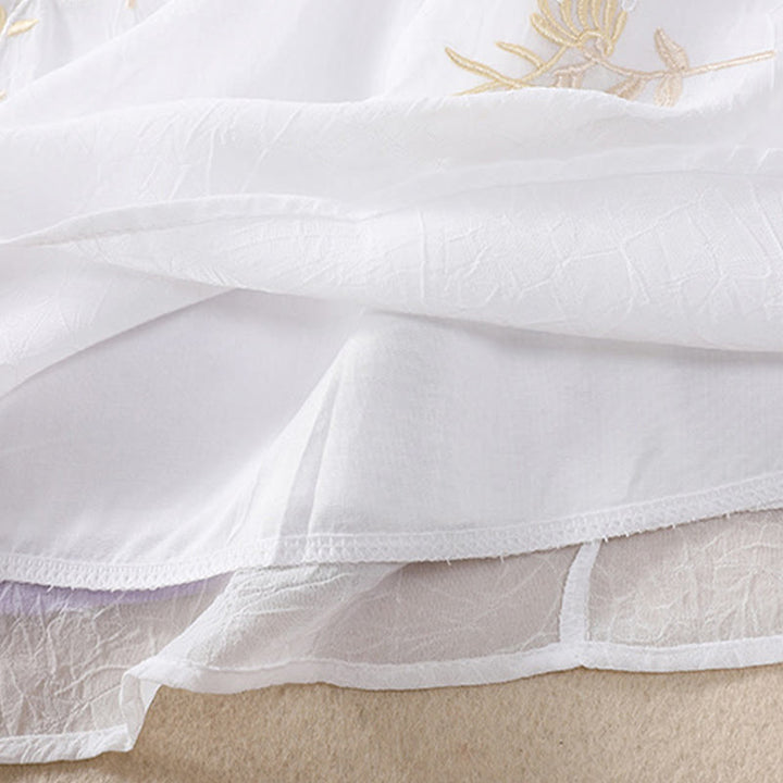 Koszula damska z haftowanymi Buddha Stones, kwiatami, półrękawem, żabą i guzikami, ze stójką