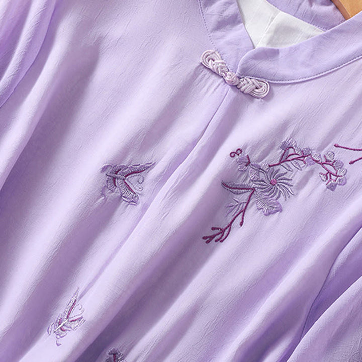 Koszula damska z haftowanymi Buddha Stones, kwiatami, półrękawem, żabą i guzikami, ze stójką