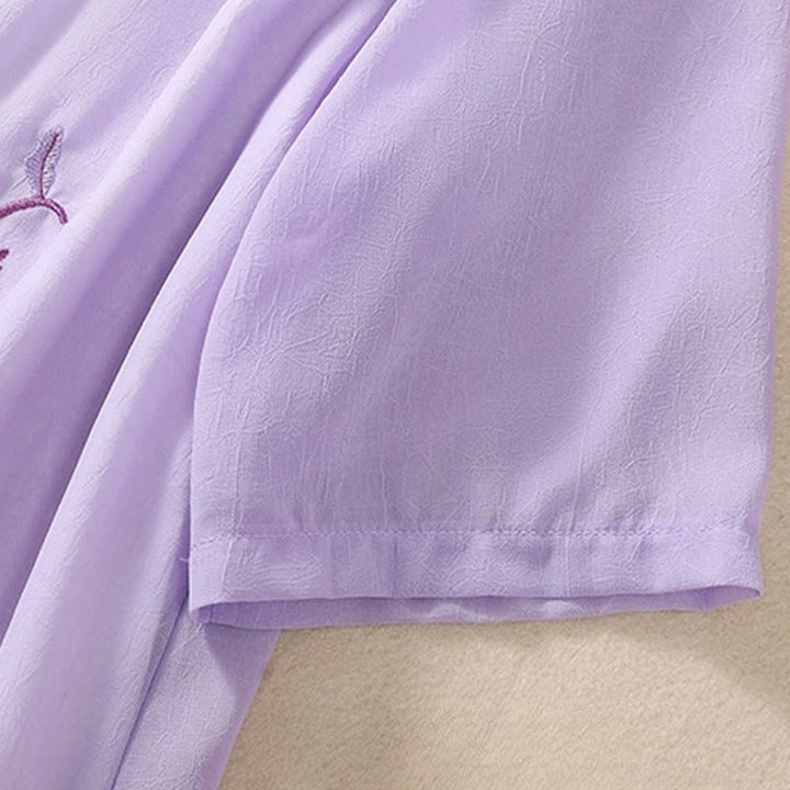 Koszula damska z haftowanymi Buddha Stones, kwiatami, półrękawem, żabą i guzikami, ze stójką - image 24