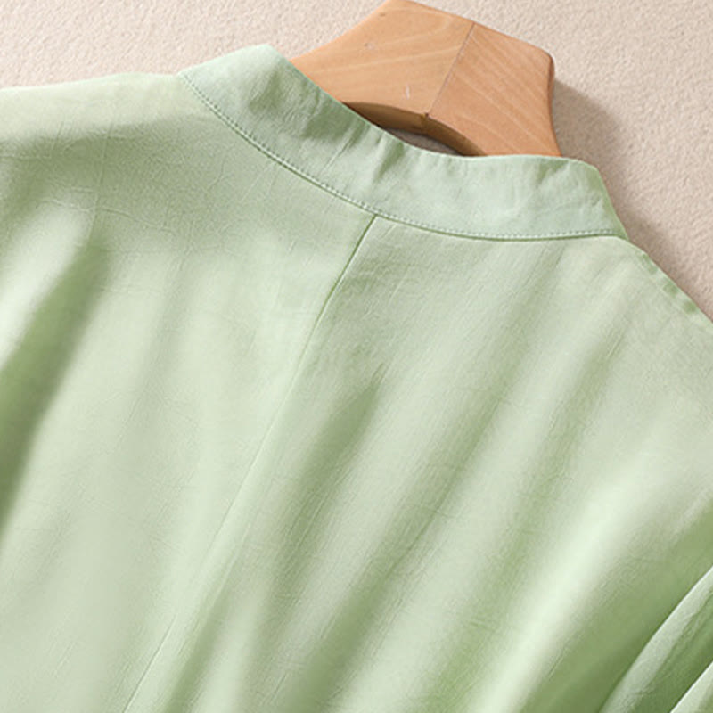 Koszula damska z haftowanymi Buddha Stones, kwiatami, półrękawem, żabą i guzikami, ze stójką