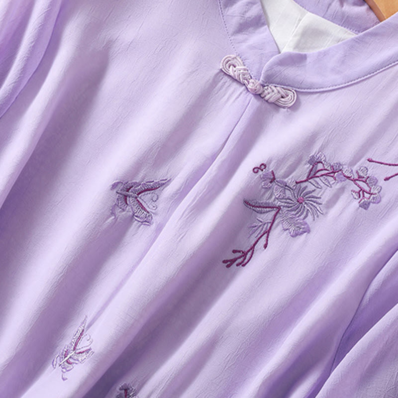 Koszula damska z haftowanymi Buddha Stones, kwiatami, półrękawem, żabą i guzikami, ze stójką - image 22