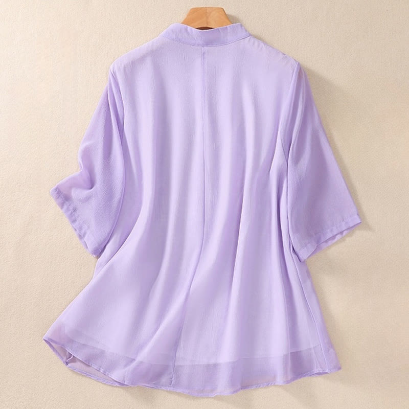 Koszula damska z haftowanymi Buddha Stones, kwiatami, półrękawem, żabą i guzikami, ze stójką - image 20