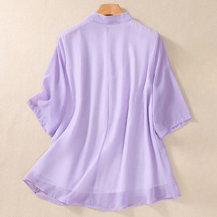 Koszula damska z haftowanymi Buddha Stones, kwiatami, półrękawem, żabą i guzikami, ze stójką - image 20