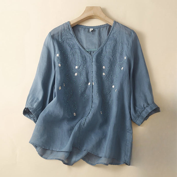 Buddha Stones Letnia swobodna kwiatowa gałązka haftowany wzór dekolt w serek pół rękawa bawełna len damska koszulka