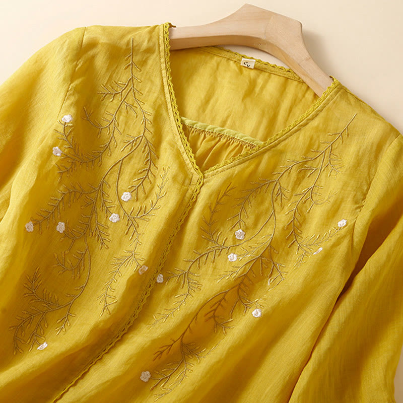 Buddha Stones Letnia swobodna kwiatowa gałązka haftowany wzór dekolt w serek pół rękawa bawełna len damska koszulka