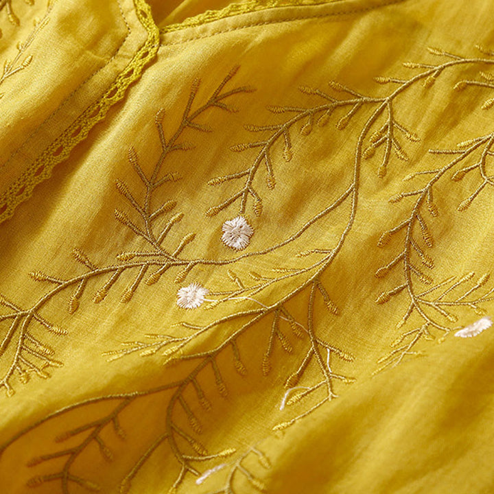 Buddha Stones Letnia swobodna kwiatowa gałązka haftowany wzór dekolt w serek pół rękawa bawełna len damska koszulka