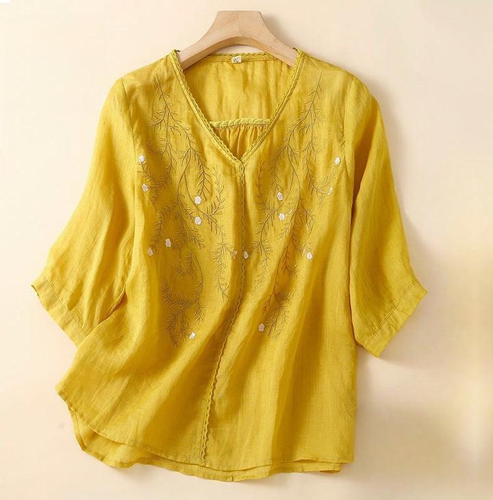 Buddha Stones Letnia swobodna kwiatowa gałązka haftowany wzór dekolt w serek pół rękawa bawełna len damska koszulka