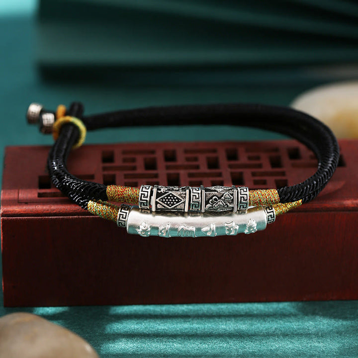 Buddha Stones Dragon Knot ze srebra próby 925 Om Mani Padme Hum Double Hand Woven - Czarny sznurek (obwód nadgarstka: 15-20 cm) - image 0