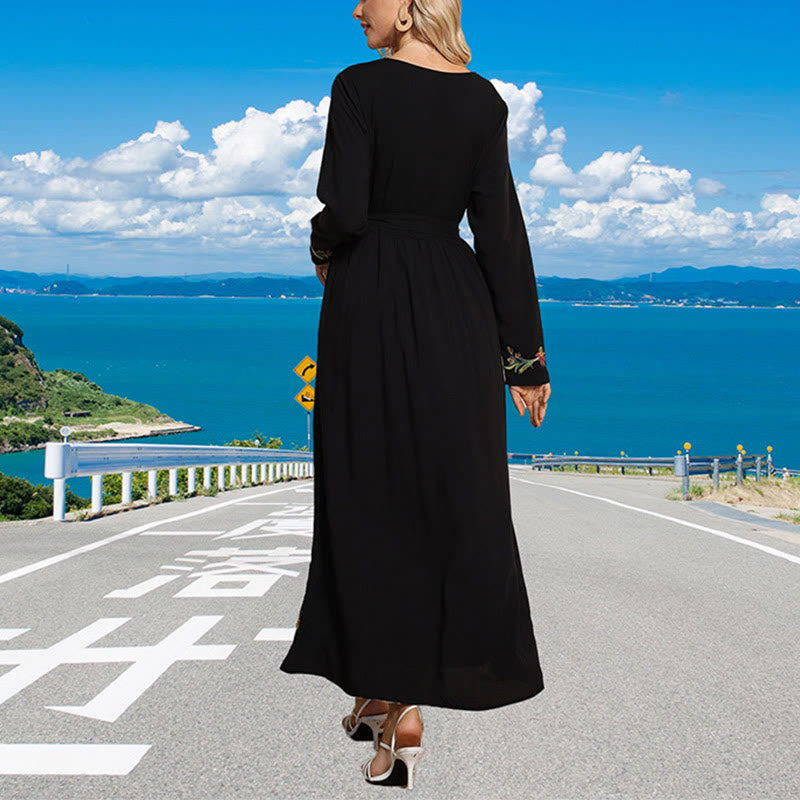 Buddha Stones Czarny Jednolity Kolor Luźna Etniczna Haftowana Kwiatowa Wzór Bawełniana Sukienka Maxi - image 1