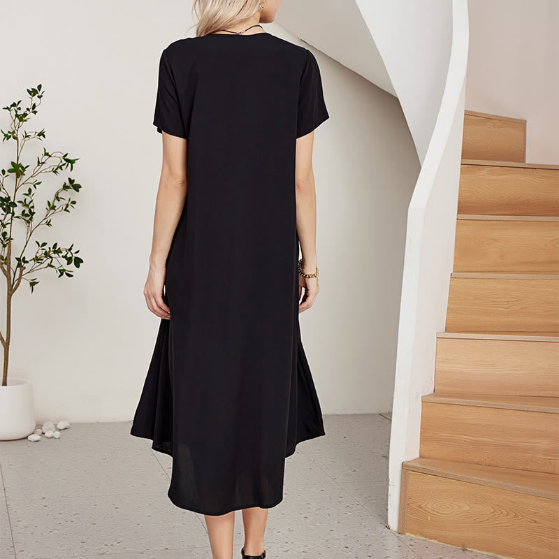 Buddha Stones Czarna Letnia Luźna Czeska Haftowana Geometryczna Wzór Krótki Rękaw Dekolt w Serek Bawełniana Sukienka Midi - image 2