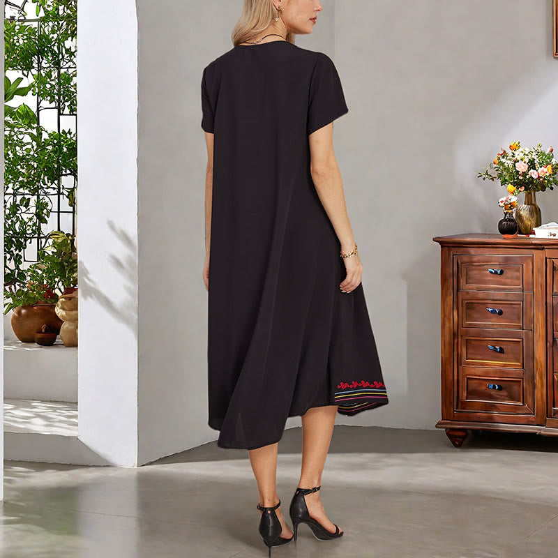 Buddha Stones Czarna Letnia Luźna Czeska Haftowana Geometryczna Wzór Krótki Rękaw Dekolt w Serek Bawełniana Sukienka Midi - image 6