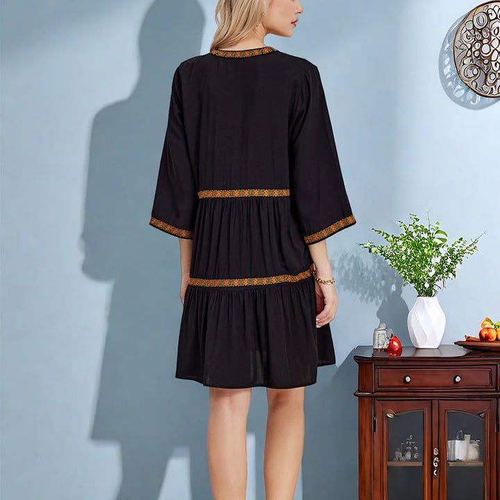 Buddha Stones Czarna Luźna Czeska Haftowana Kwiatowa Geometryczna Sukienka Midi Z Bawełny Z Rękawem Trzy Czwarte