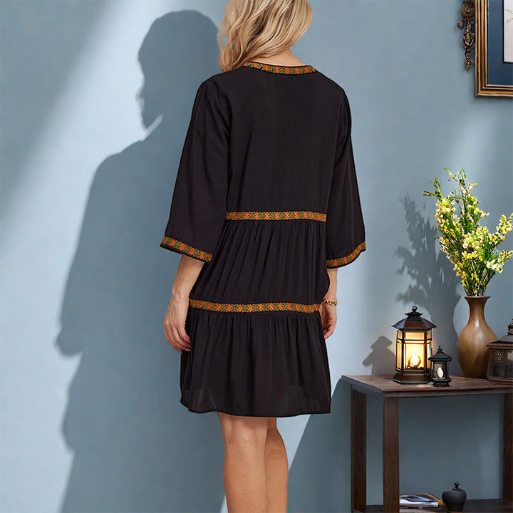 Buddha Stones Czarna Luźna Czeska Haftowana Kwiatowa Geometryczna Sukienka Midi Z Bawełny Z Rękawem Trzy Czwarte