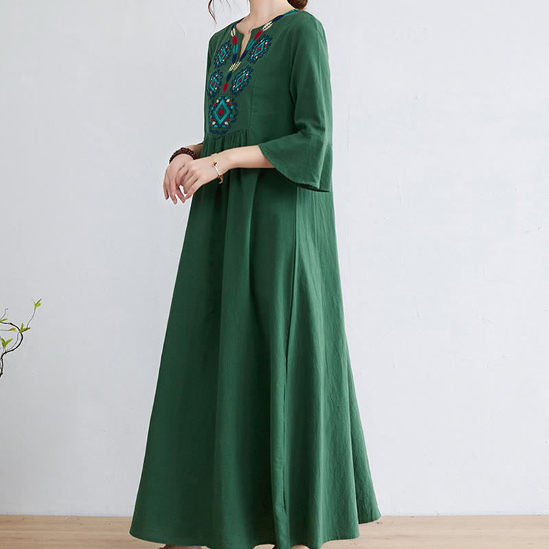 Buddha Stones Luźna Gładka Etniczna Haftowana Kwiatowa Wzór Trzy Czwarte Rękawy Bawełna Len Maxi Sukienka - image 16
