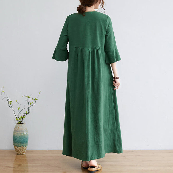 Buddha Stones Luźna Gładka Etniczna Haftowana Kwiatowa Wzór Trzy Czwarte Rękawy Bawełna Len Maxi Sukienka - image 17