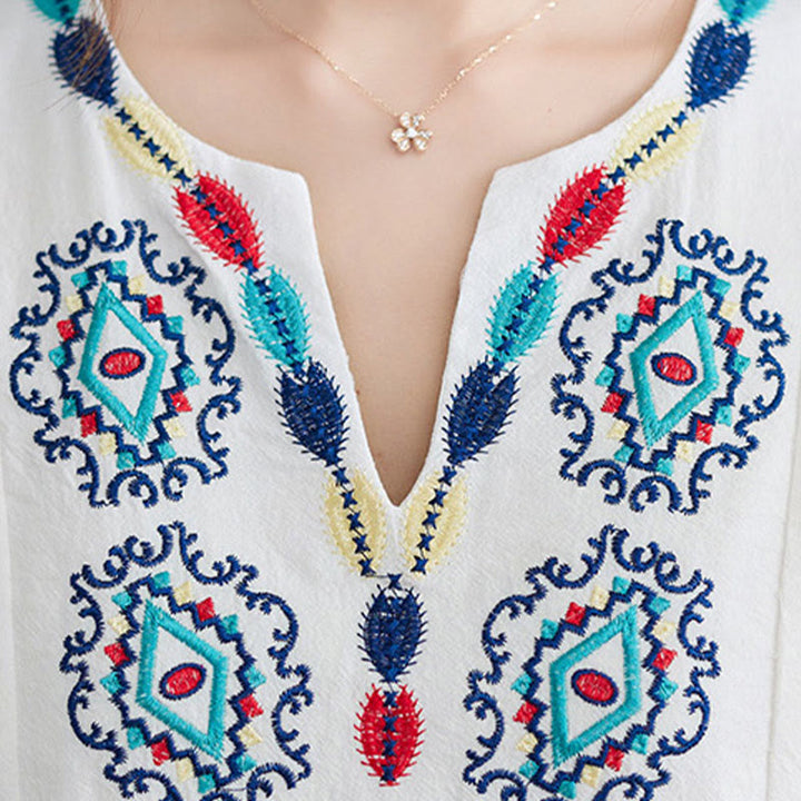 Buddha Stones Luźna Gładka Etniczna Haftowana Kwiatowa Wzór Trzy Czwarte Rękawy Bawełna Len Maxi Sukienka - image 5