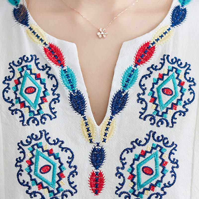 Buddha Stones Luźna Gładka Etniczna Haftowana Kwiatowa Wzór Trzy Czwarte Rękawy Bawełna Len Maxi Sukienka - image 5