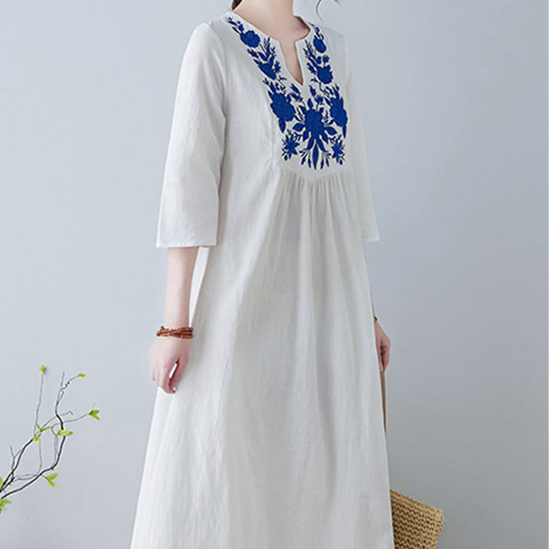Buddha Stones Casual Bohemia Haft Kwiatowy Prosty Design Trzy Czwarte Rękawy Dekolt w Serek Bawełna Len Maxi Sukienka - image 7