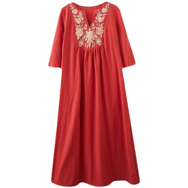 Buddha Stones Casual Bohemia Haft Kwiatowy Prosty Design Trzy Czwarte Rękawy Dekolt w Serek Bawełna Len Maxi Sukienka - image 17