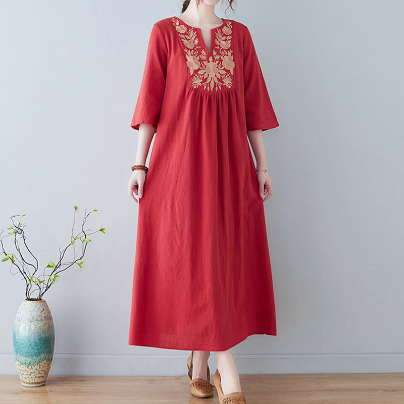 Buddha Stones Casual Bohemia Haft Kwiatowy Prosty Design Trzy Czwarte Rękawy Dekolt w Serek Bawełna Len Maxi Sukienka - image 15