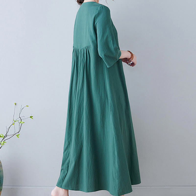 Buddha Stones Casual Bohemia Haft Kwiatowy Prosty Design Trzy Czwarte Rękawy Dekolt w Serek Bawełna Len Maxi Sukienka - image 22
