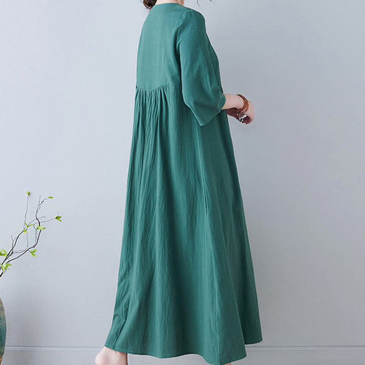 Buddha Stones Casual Bohemia Haft Kwiatowy Prosty Design Trzy Czwarte Rękawy Dekolt w Serek Bawełna Len Maxi Sukienka - image 22