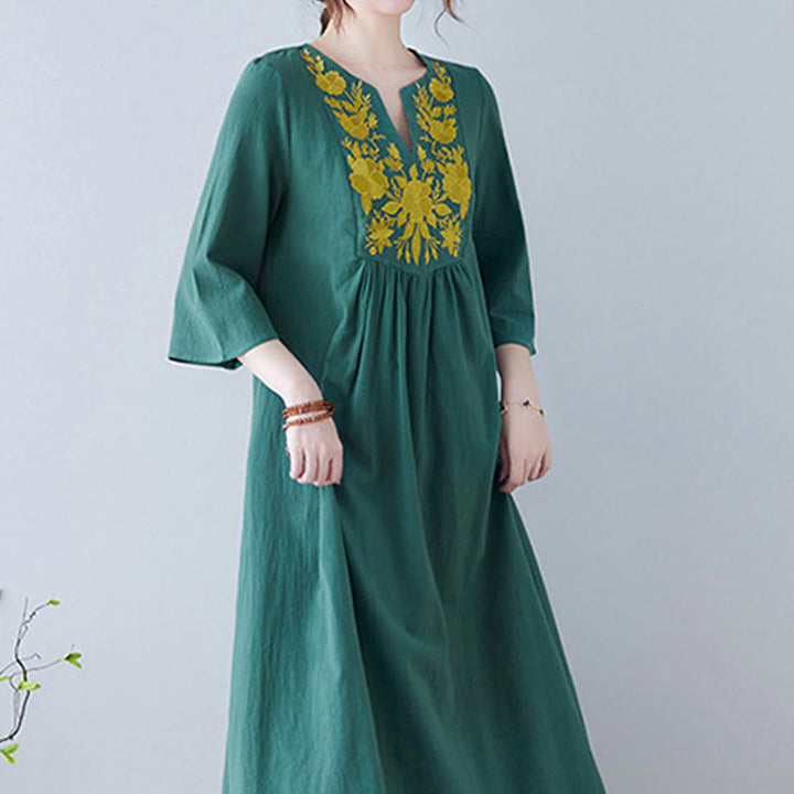 Buddha Stones Casual Bohemia Haft Kwiatowy Prosty Design Trzy Czwarte Rękawy Dekolt w Serek Bawełna Len Maxi Sukienka - image 21