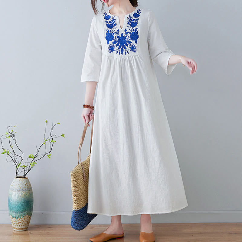 Buddha Stones Casual Bohemia Haft Kwiatowy Prosty Design Trzy Czwarte Rękawy Dekolt w Serek Bawełna Len Maxi Sukienka - image 6
