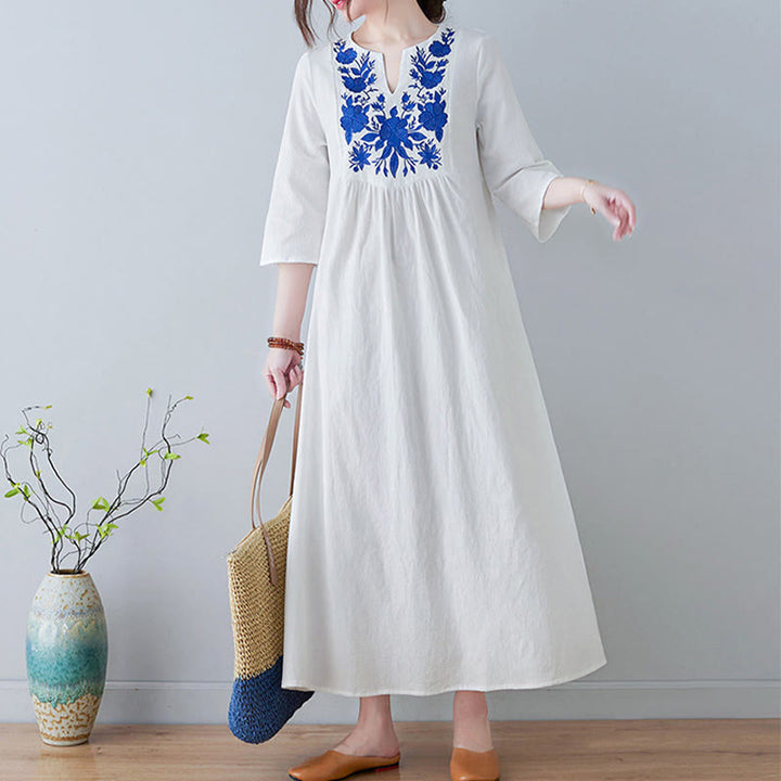 Buddha Stones Casual Bohemia Haft Kwiatowy Prosty Design Trzy Czwarte Rękawy Dekolt w Serek Bawełna Len Maxi Sukienka - image 6