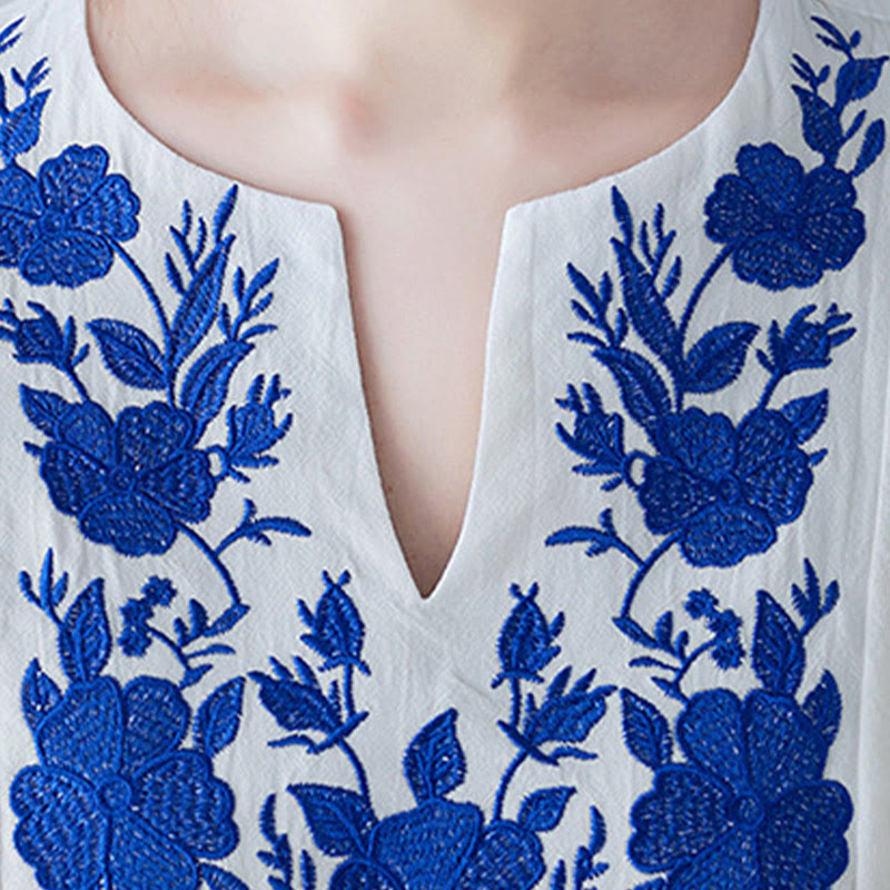 Buddha Stones Casual Bohemia Haft Kwiatowy Prosty Design Trzy Czwarte Rękawy Dekolt w Serek Bawełna Len Maxi Sukienka - image 8