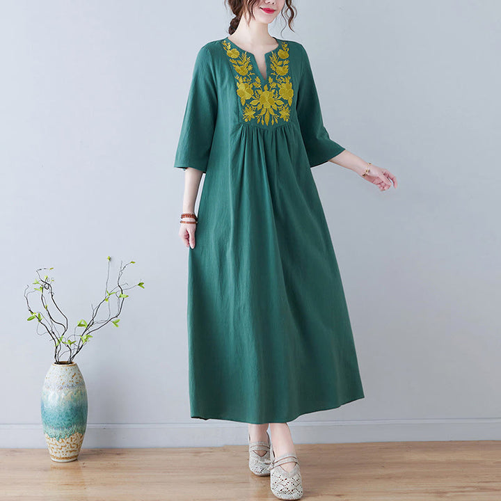 Buddha Stones Casual Bohemia Haft Kwiatowy Prosty Design Trzy Czwarte Rękawy Dekolt w Serek Bawełna Len Maxi Sukienka - Zielony - US8-10，UK/AU12-14，EU40-42 (2XL) - image 18
