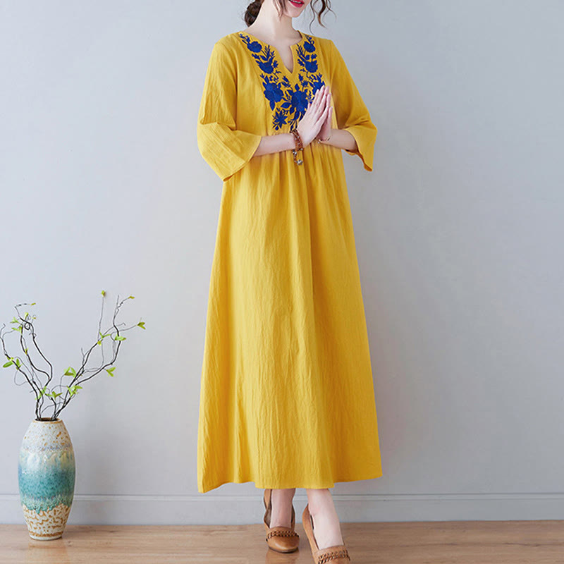 Buddha Stones Casual Bohemia Haft Kwiatowy Prosty Design Trzy Czwarte Rękawy Dekolt w Serek Bawełna Len Maxi Sukienka - image 1