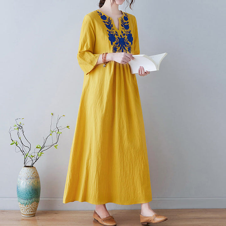 Buddha Stones Casual Bohemia Haft Kwiatowy Prosty Design Trzy Czwarte Rękawy Dekolt w Serek Bawełna Len Maxi Sukienka - image 2