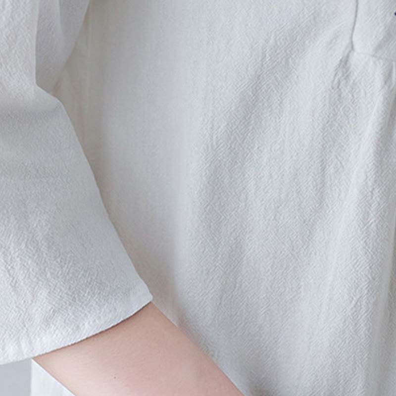 Buddha Stones Casual Bohemia Haft Kwiatowy Prosty Design Trzy Czwarte Rękawy Dekolt w Serek Bawełna Len Maxi Sukienka - image 9