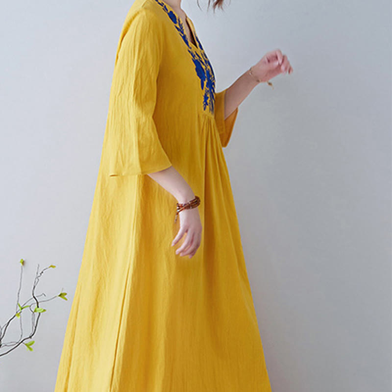 Buddha Stones Casual Bohemia Haft Kwiatowy Prosty Design Trzy Czwarte Rękawy Dekolt w Serek Bawełna Len Maxi Sukienka - image 4